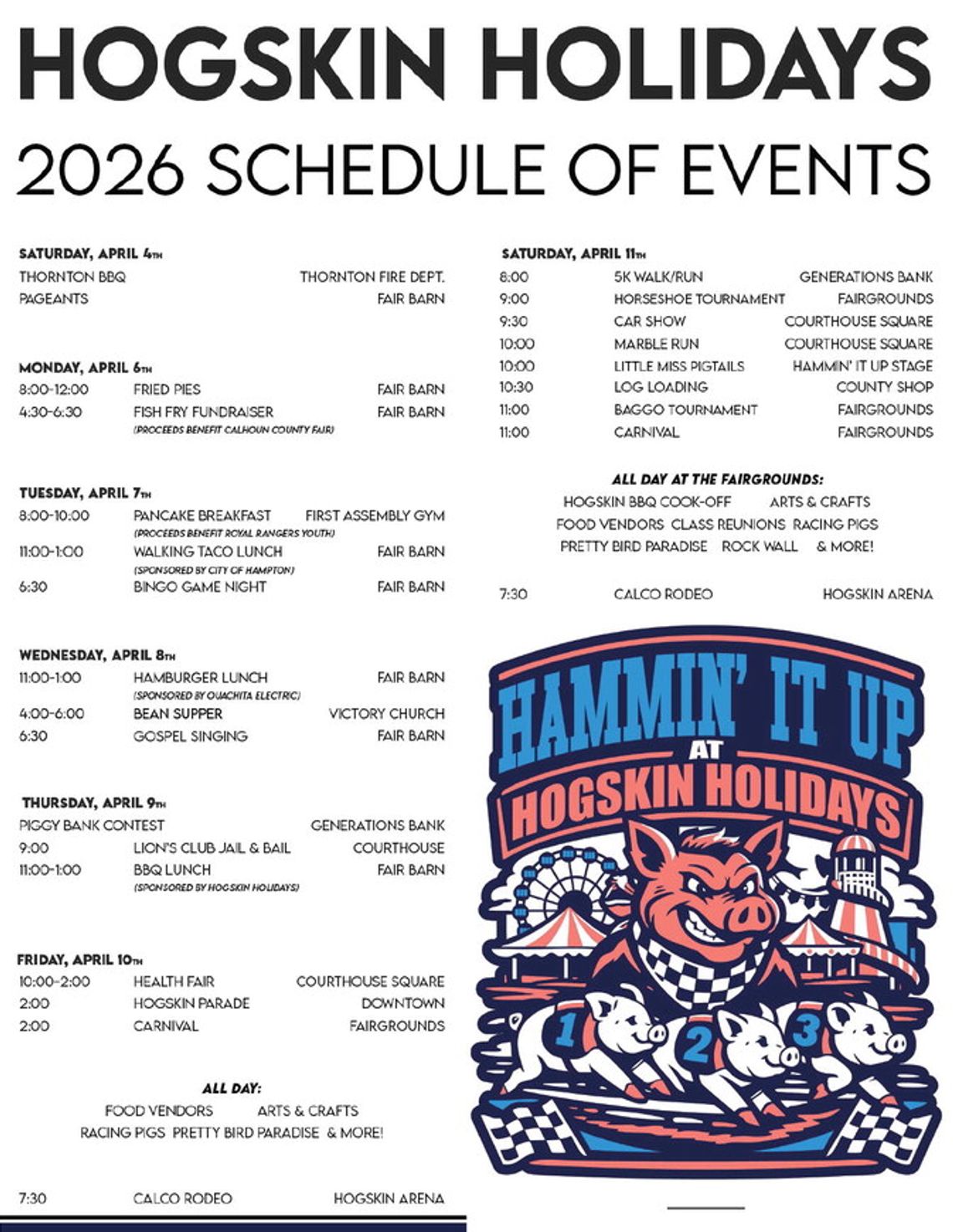 HOGSKIN HOLIDAYS 2026 SCHEDULE OF EVENTS